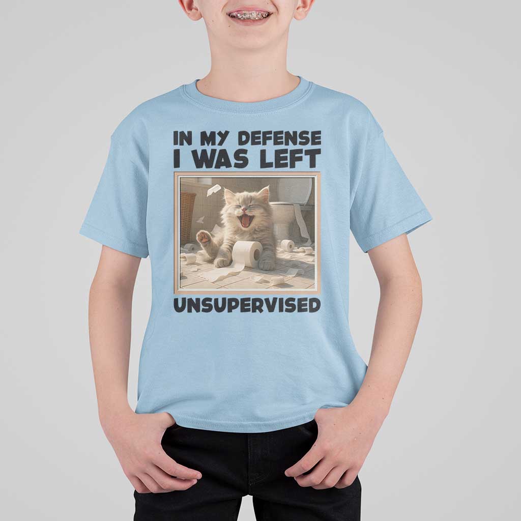 Funny Cat Humor T Shirt For Kid In My Defense I Was Left Unsupervised - Wonder Print Shop