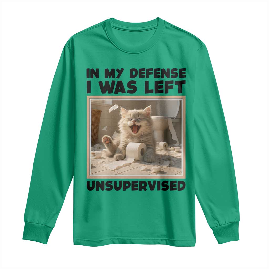 Funny Cat Humor Long Sleeve Shirt In My Defense I Was Left Unsupervised - Wonder Print Shop