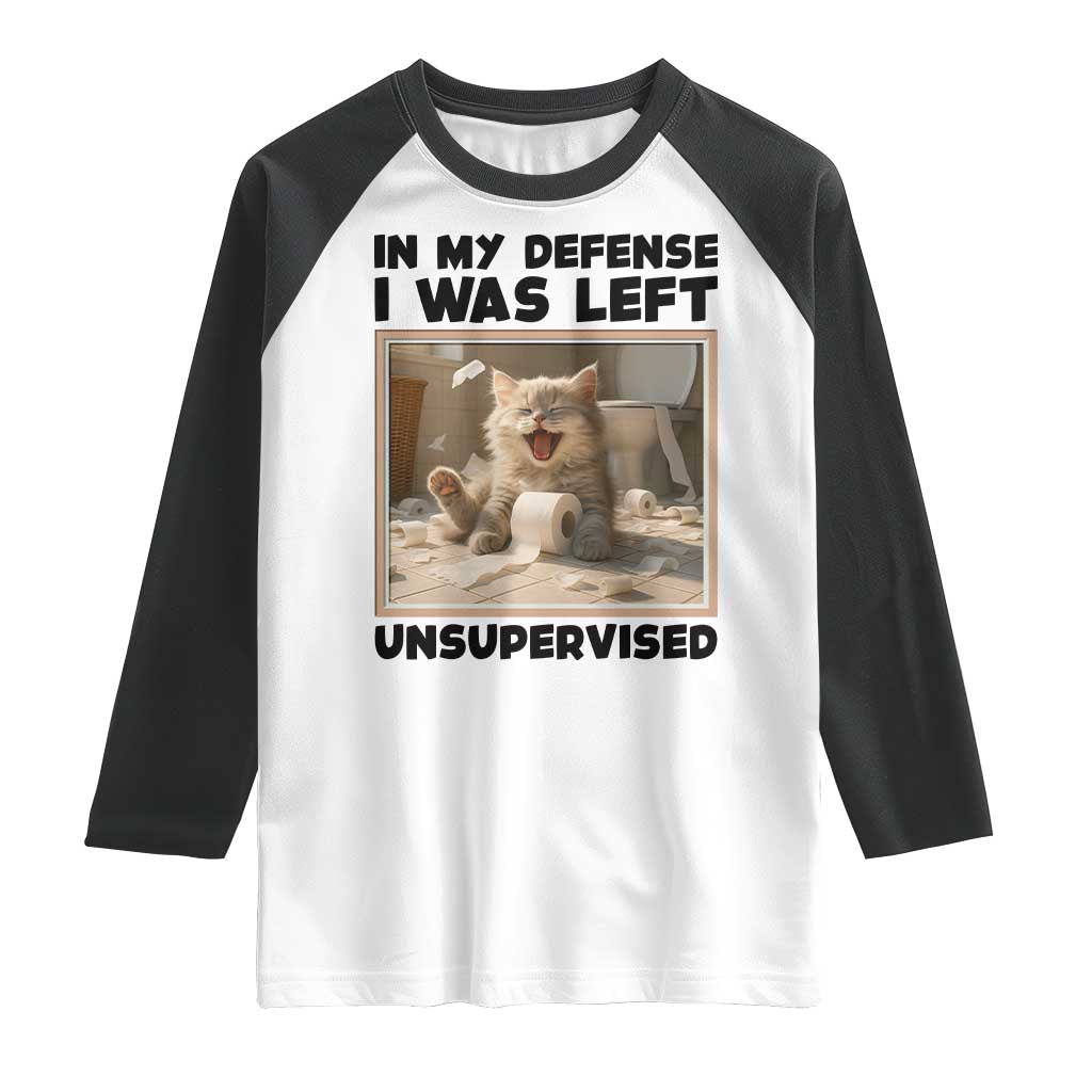 Funny Cat Humor Raglan Shirt In My Defense I Was Left Unsupervised - Wonder Print Shop
