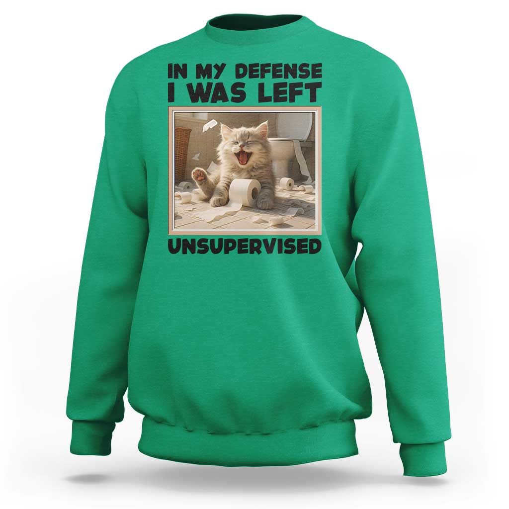 Funny Cat Humor Sweatshirt In My Defense I Was Left Unsupervised - Wonder Print Shop