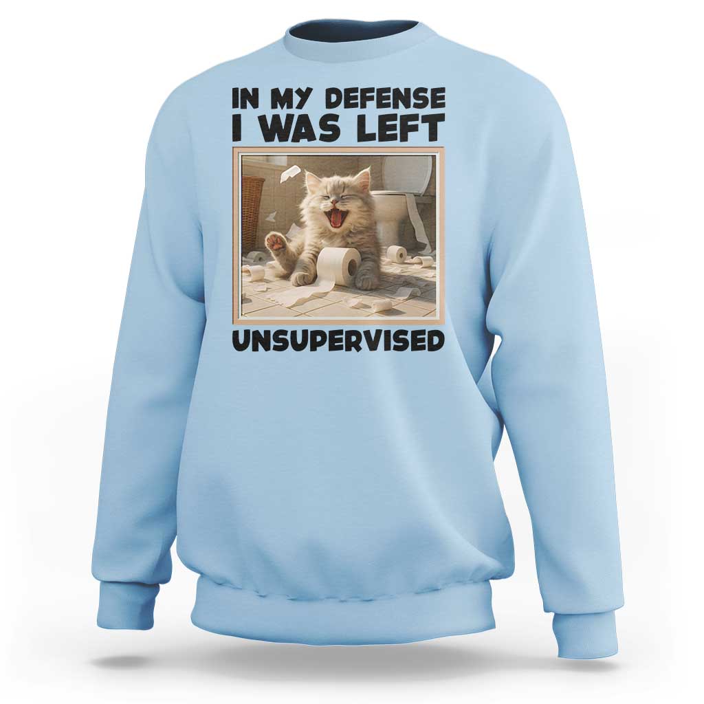 Funny Cat Humor Sweatshirt In My Defense I Was Left Unsupervised - Wonder Print Shop
