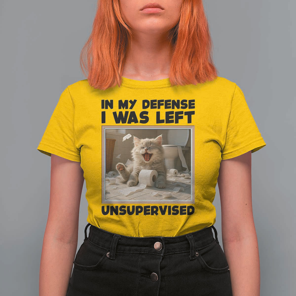 Funny Cat Humor T Shirt For Women In My Defense I Was Left Unsupervised - Wonder Print Shop