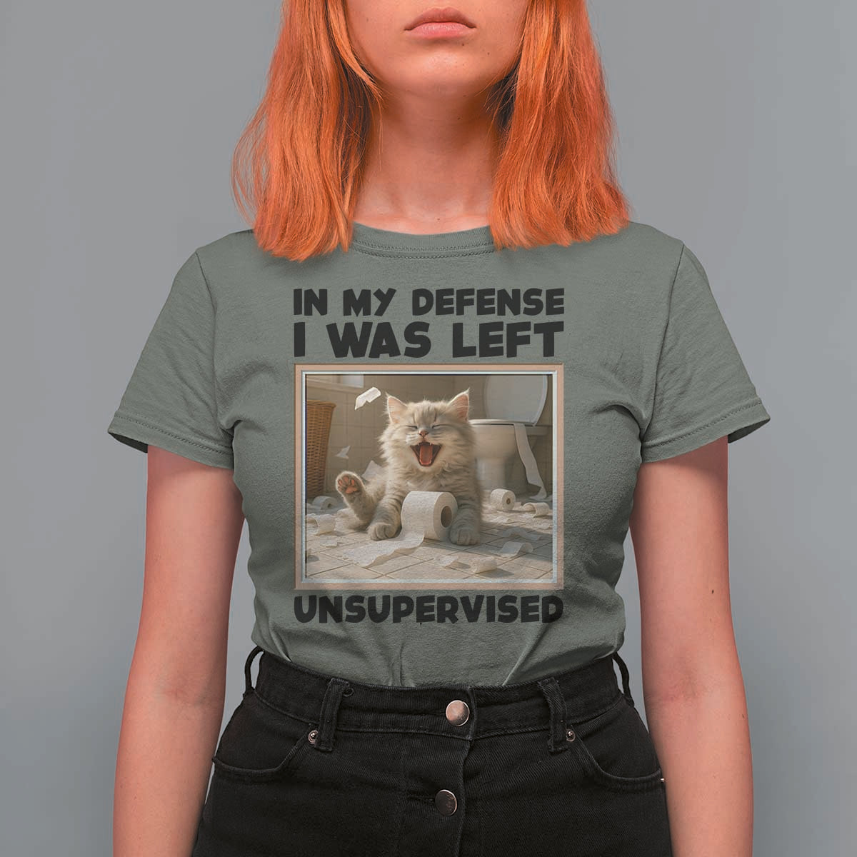 Funny Cat Humor T Shirt For Women In My Defense I Was Left Unsupervised - Wonder Print Shop