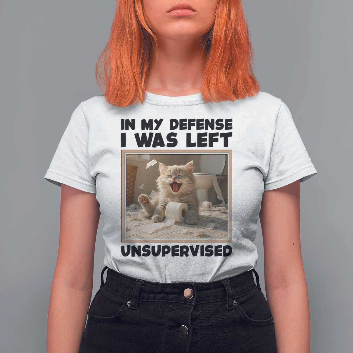 Funny Cat Humor T Shirt For Women In My Defense I Was Left Unsupervised - Wonder Print Shop