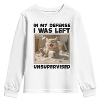 Funny Cat Humor Youth Sweatshirt In My Defense I Was Left Unsupervised - Wonder Print Shop