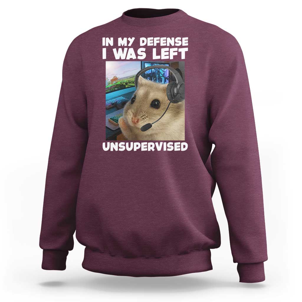 Funny Hamster Gamer Sweatshirt In My Defense I Was Left Unsupervised - Wonder Print Shop