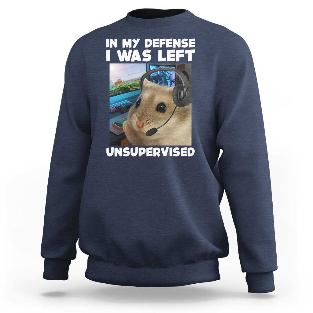 Funny Hamster Gamer Sweatshirt In My Defense I Was Left Unsupervised - Wonder Print Shop