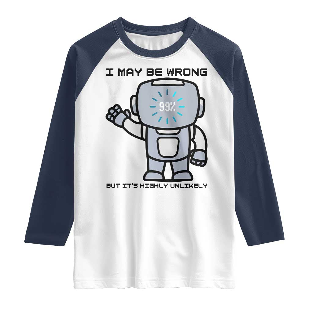 Funny Robot Humor Raglan Shirt I May Be Wrong But It Is Highly Unlikely - Wonder Print Shop