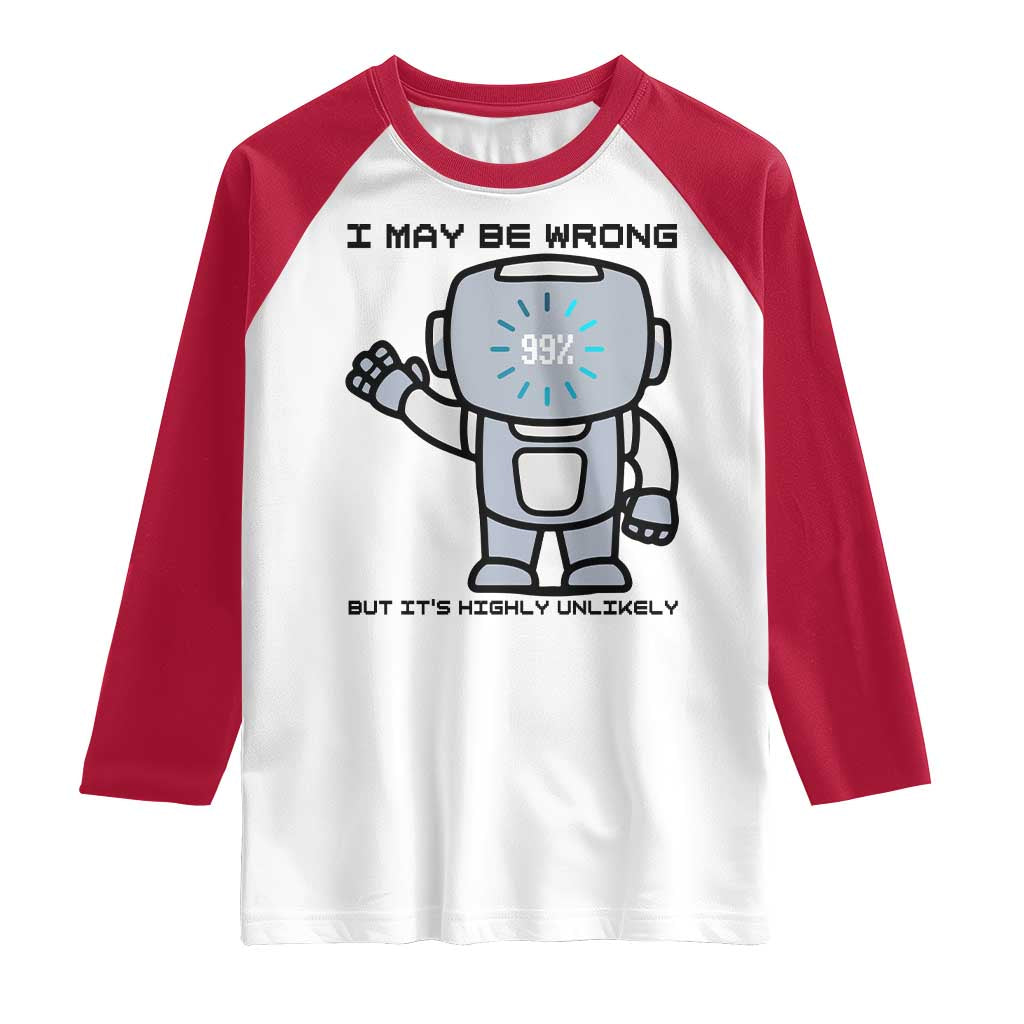 Funny Robot Humor Raglan Shirt I May Be Wrong But It Is Highly Unlikely - Wonder Print Shop