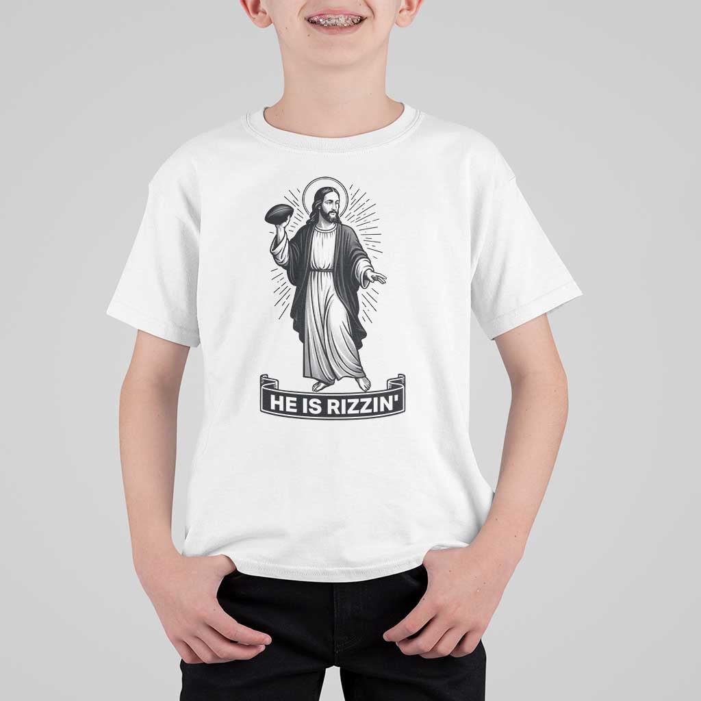 Christian Football Lover T Shirt For Kid He Is Rizzin Funny Gift - Wonder Print Shop