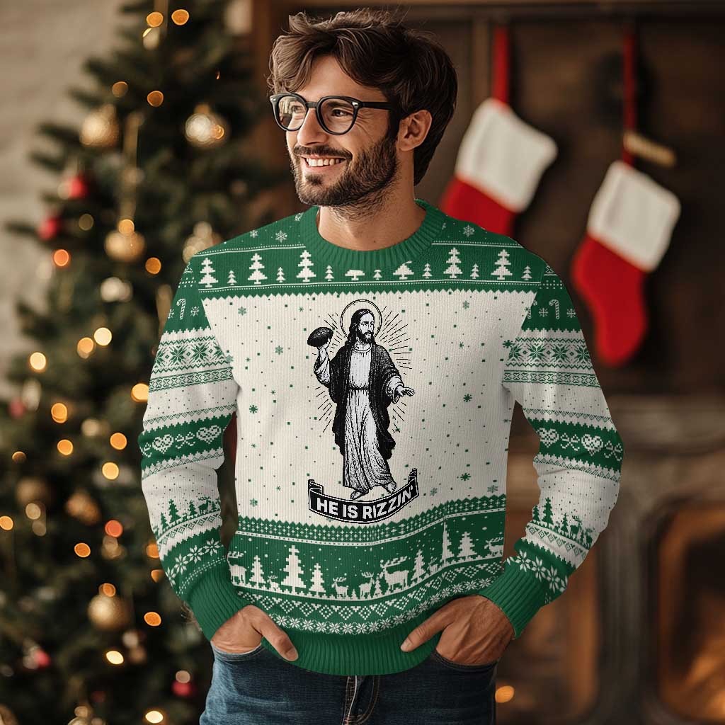 Christian Football Lover Ugly Christmas Sweater He Is Rizzin Funny Gift - Wonder Print Shop