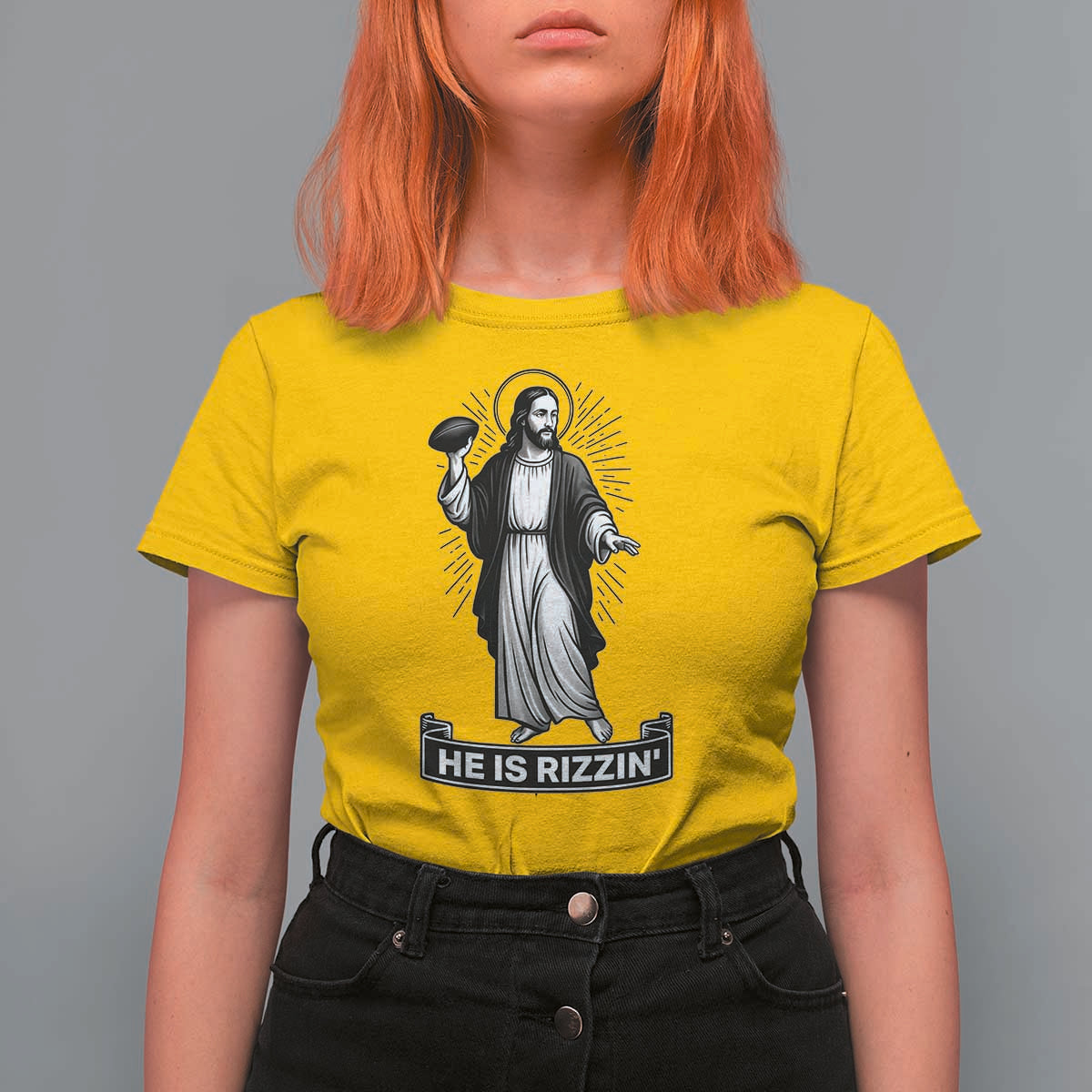 Christian Football Lover T Shirt For Women He Is Rizzin Funny Gift - Wonder Print Shop