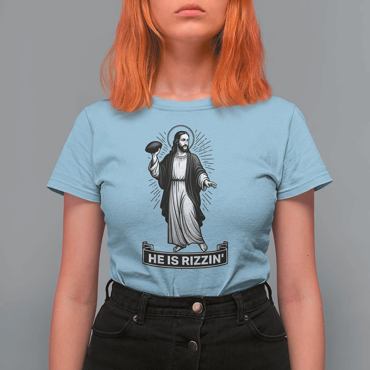 Christian Football Lover T Shirt For Women He Is Rizzin Funny Gift - Wonder Print Shop
