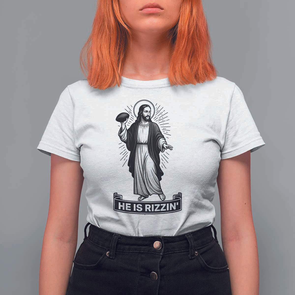Christian Football Lover T Shirt For Women He Is Rizzin Funny Gift - Wonder Print Shop