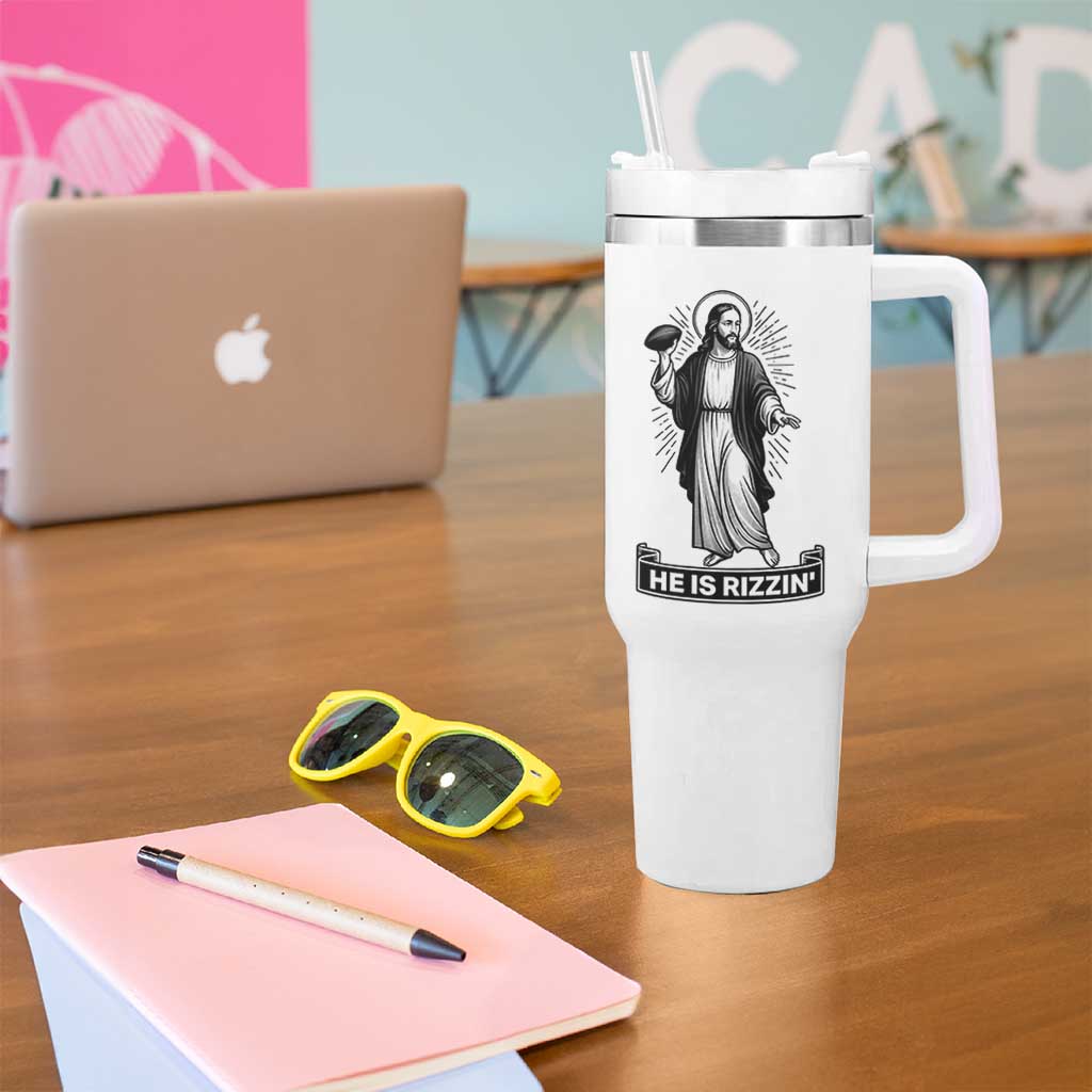 Christian Football Lover Tumbler With Handle He Is Rizzin Funny Gift - Wonder Print Shop