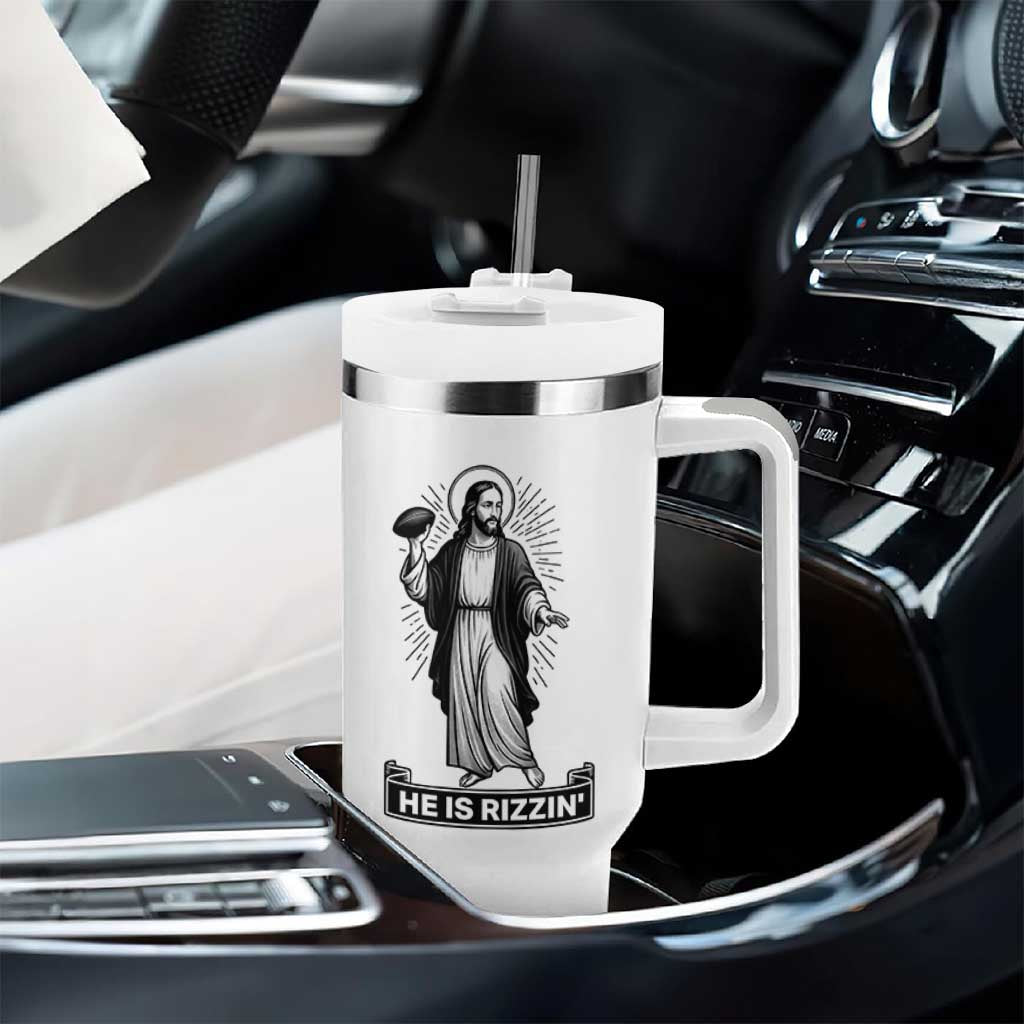 Christian Football Lover Tumbler With Handle He Is Rizzin Funny Gift - Wonder Print Shop