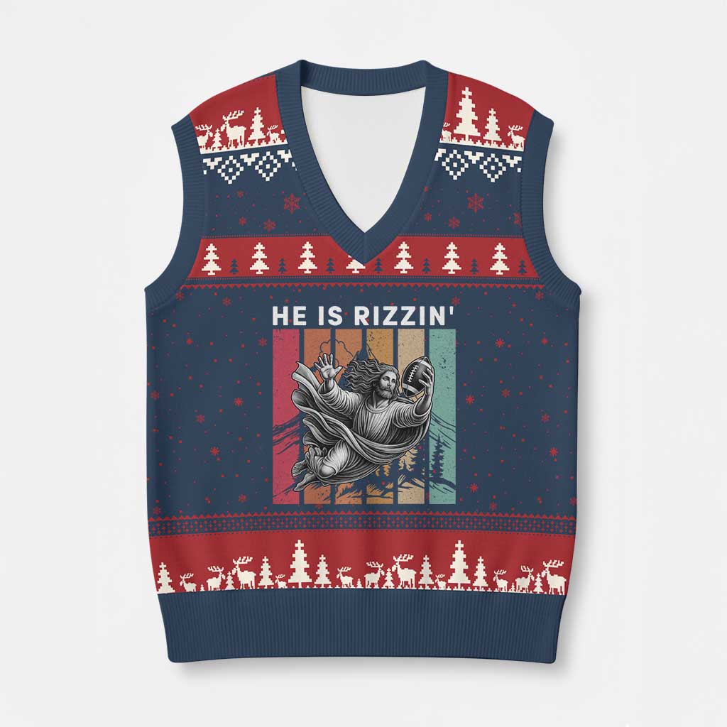He Is Rizzin V-Neck Knit Sweater Vest Funny Christian Football Lover Gift - Wonder Print Shop