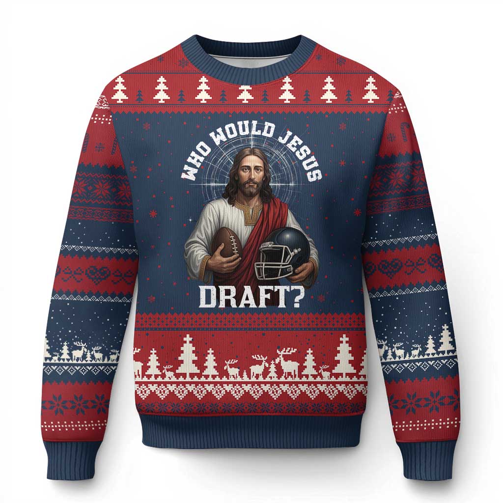 Christian Football Gift Ugly Christmas Sweater Who Would Jesus Draft - Wonder Print Shop