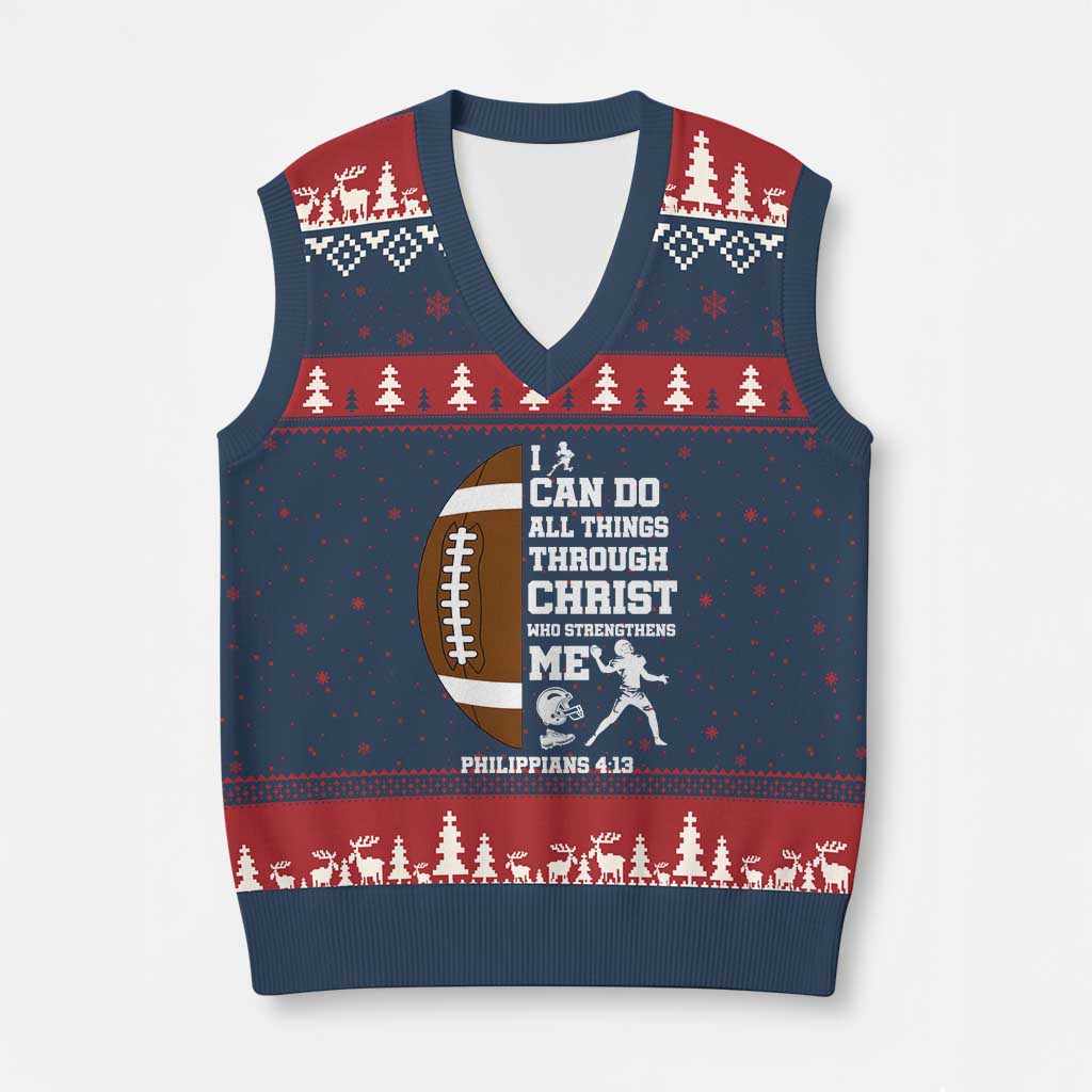 Christian Football V-Neck Knit Sweater Vest I Can Do All Things Through Christ Bible Verse - Wonder Print Shop