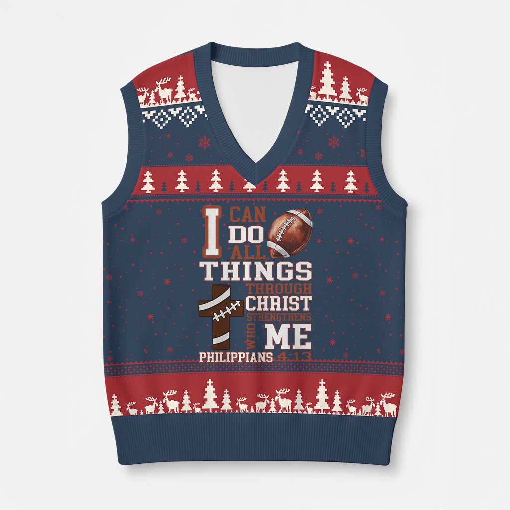 I Can Do All Things Through Christ V-Neck Knit Sweater Vest Christian Football Athlete Gift - Wonder Print Shop