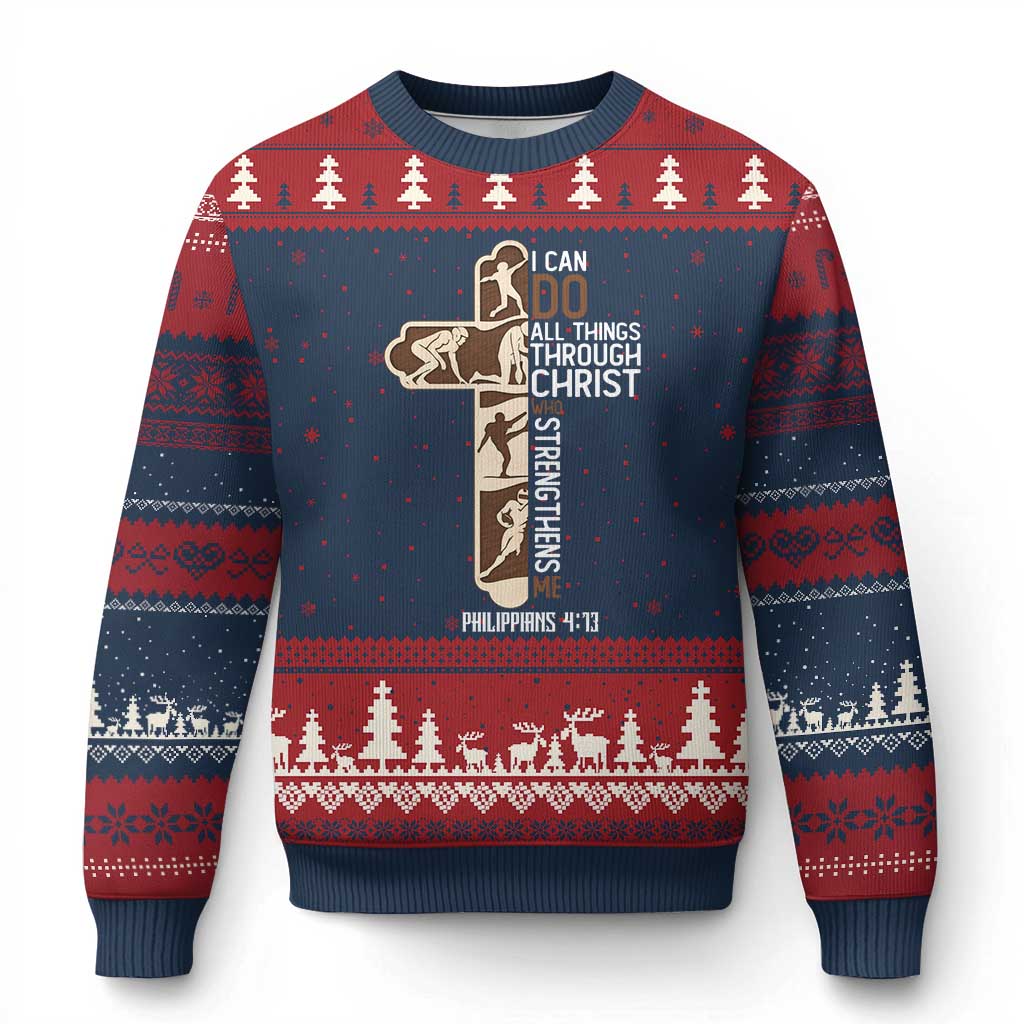 Christian Football Player Gift Ugly Christmas Sweater God Gives Me Strength - Wonder Print Shop