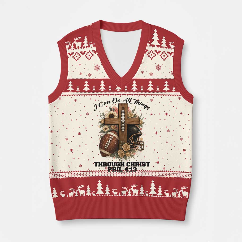 Christian Motivation Gift V-Neck Knit Sweater Vest I Can Do All Things Through Christ Bible Verse - Wonder Print Shop