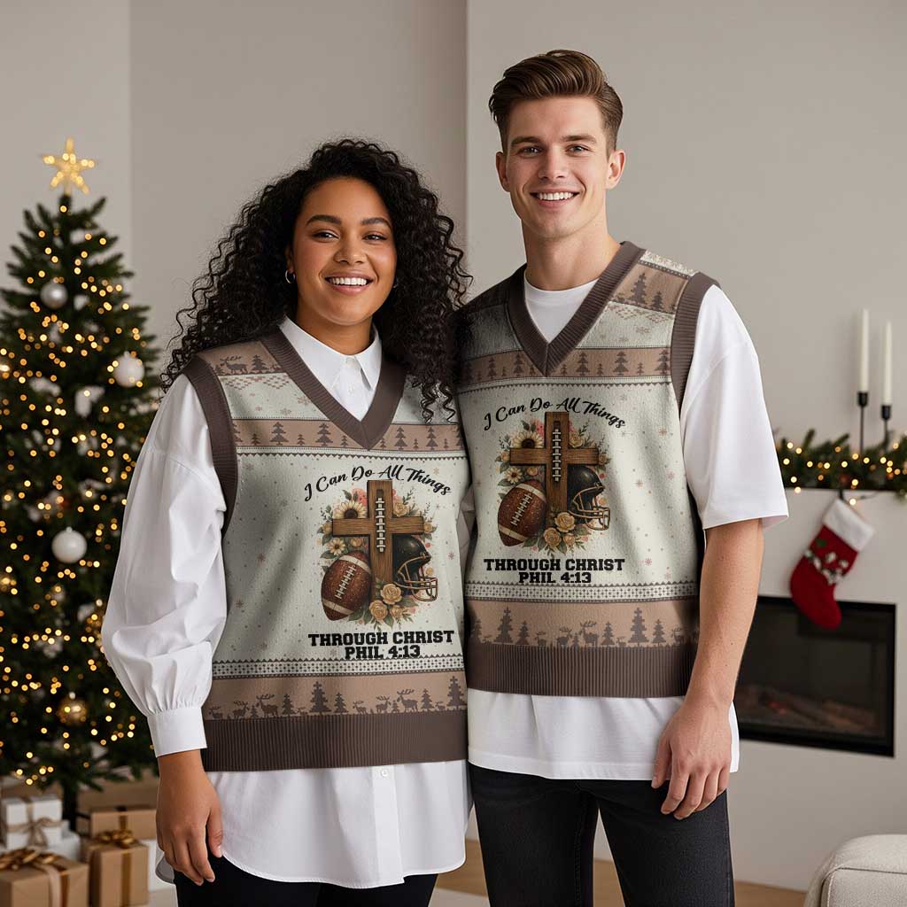 Christian Motivation Gift V-Neck Knit Sweater Vest I Can Do All Things Through Christ Bible Verse - Wonder Print Shop