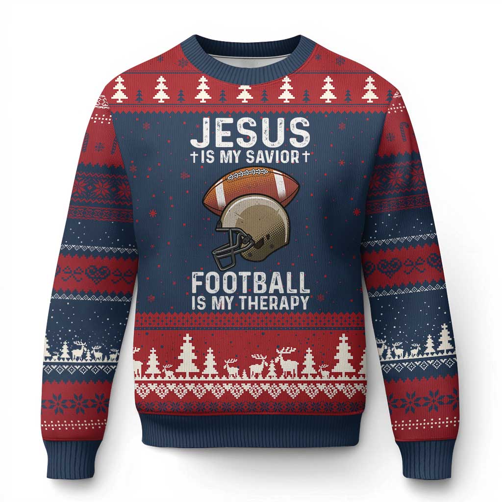 Jesus Is My Savior Football Is My Therapy Ugly Christmas Sweater Christian Football Lover - Wonder Print Shop