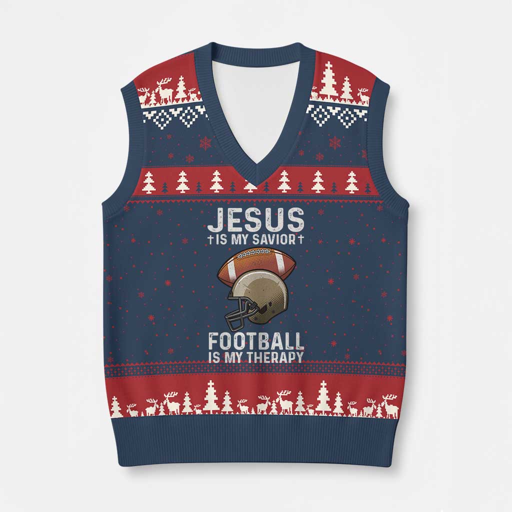 Jesus Is My Savior Football Is My Therapy V-Neck Knit Sweater Vest Christian Football Lover - Wonder Print Shop