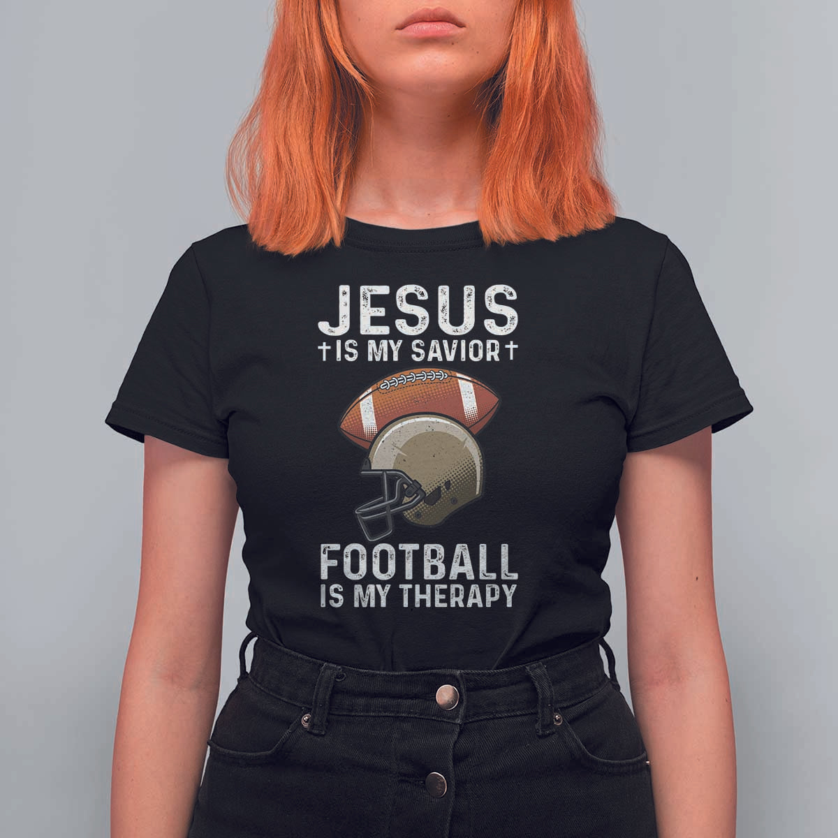 Jesus Is My Savior Football Is My Therapy T Shirt For Women Christian Football Lover - Wonder Print Shop
