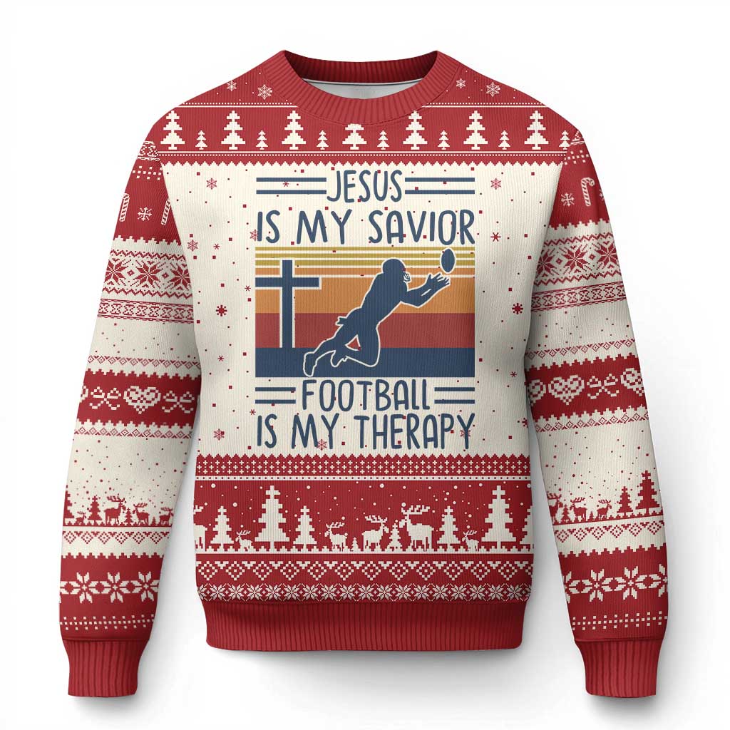 Jesus Is My Savior Football Is My Therapy Ugly Christmas Sweater Vintage Christian Football Fan Gift