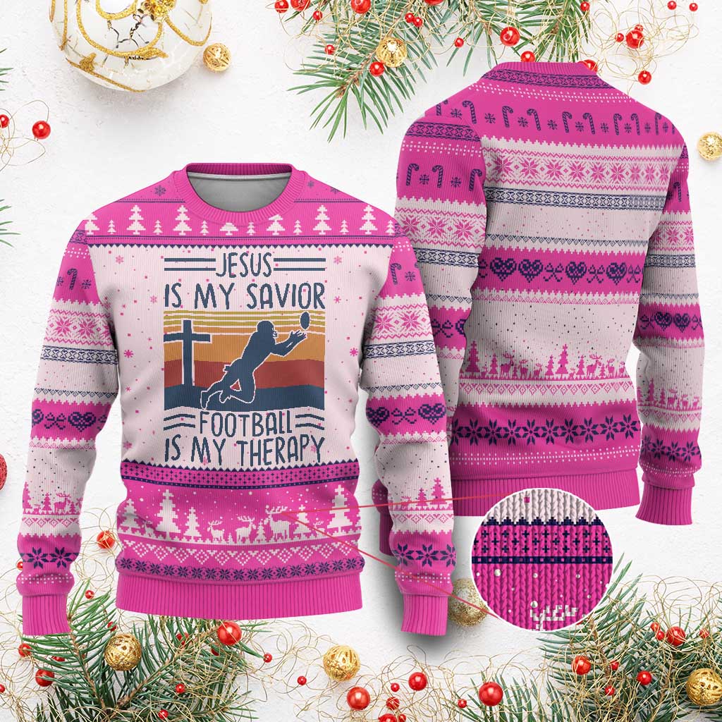 Jesus Is My Savior Football Is My Therapy Ugly Christmas Sweater Vintage Christian Football Fan Gift