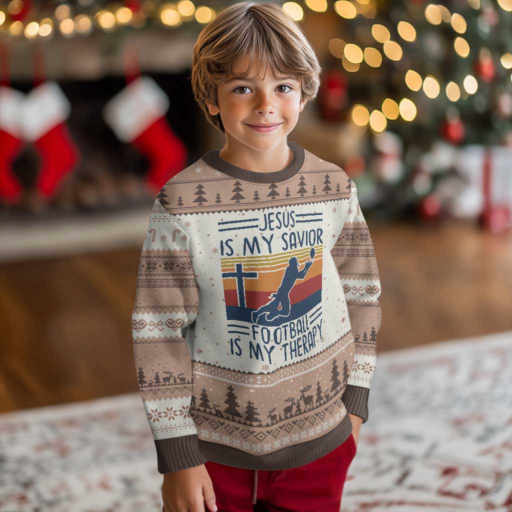 Jesus Is My Savior Football Is My Therapy Ugly Christmas Sweater Vintage Christian Football Fan Gift