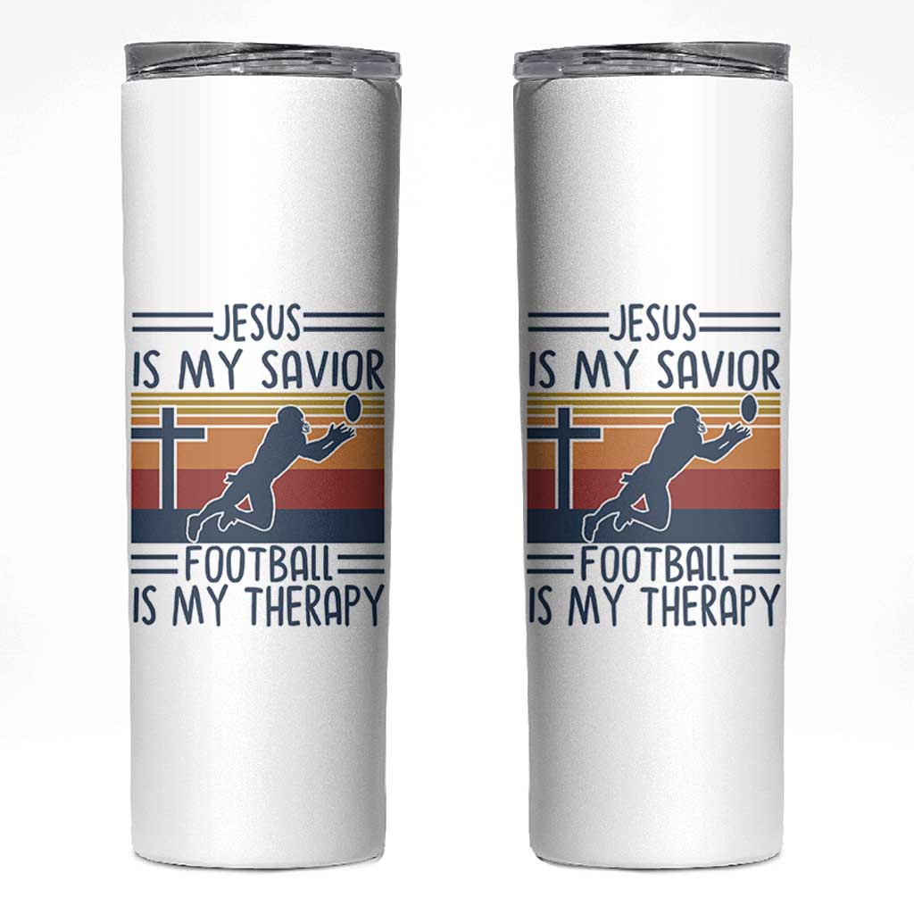 Jesus Is My Savior Football Is My Therapy Skinny Tumbler Vintage Christian Football Fan Gift
