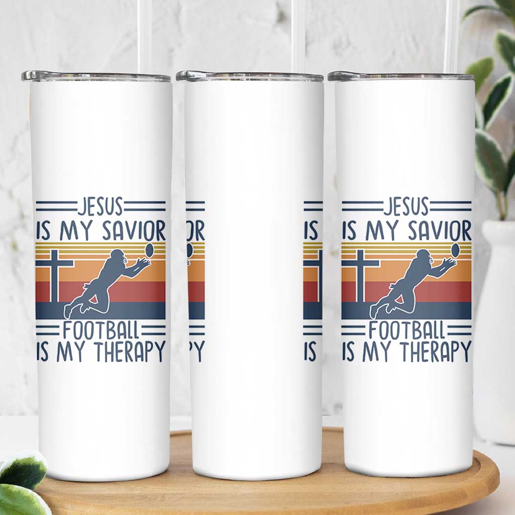 Jesus Is My Savior Football Is My Therapy Skinny Tumbler Vintage Christian Football Fan Gift