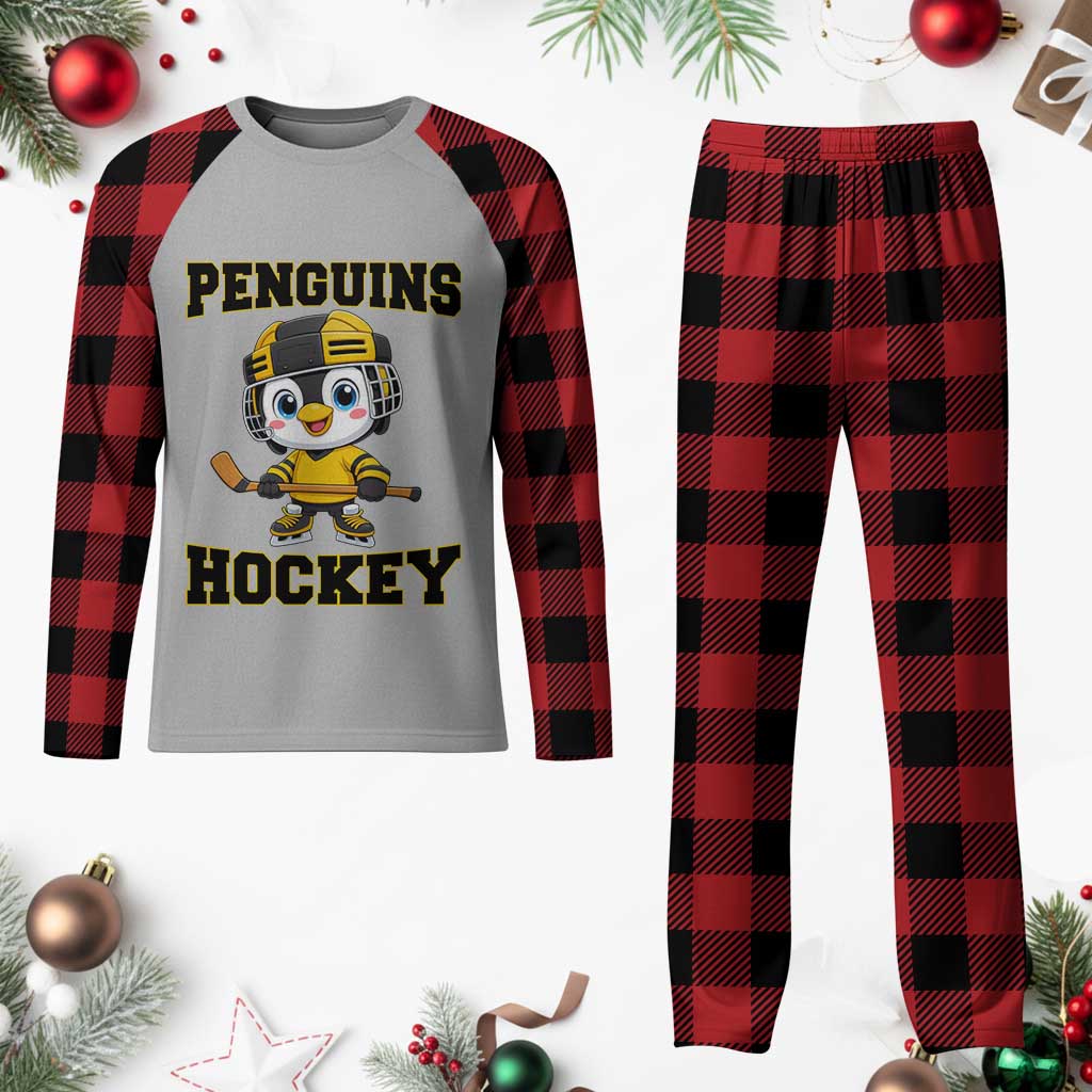 Funny Penguin Playing Ice Hockey Plaid Pajama Set Winter Sports Gift - Wonder Print Shop