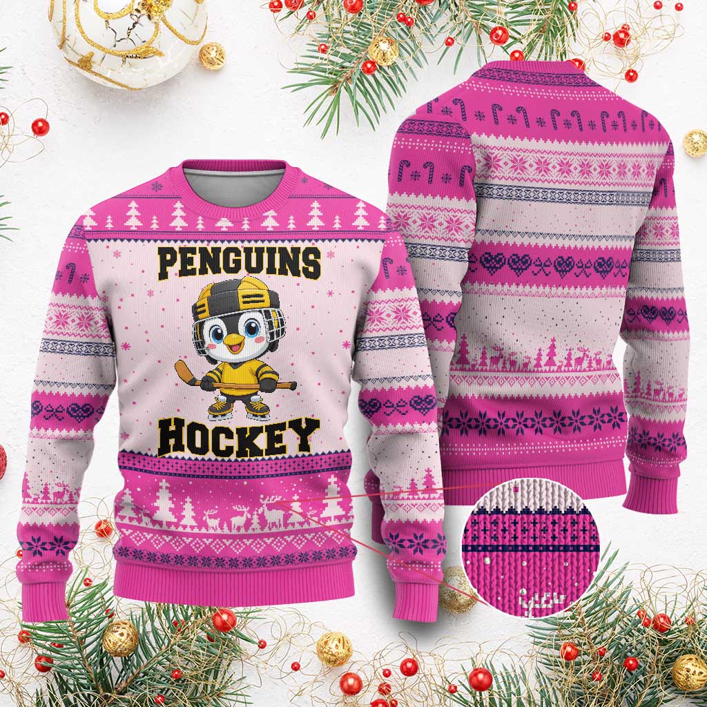 Funny Penguin Playing Ice Hockey Ugly Christmas Sweater Winter Sports Gift - Wonder Print Shop