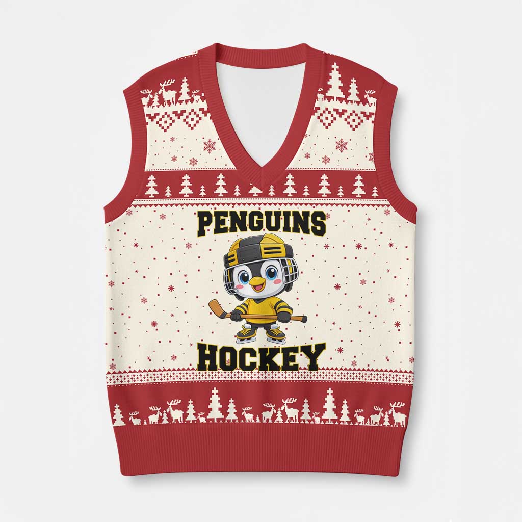 Funny Penguin Playing Ice Hockey V-Neck Knit Sweater Vest Winter Sports Gift - Wonder Print Shop