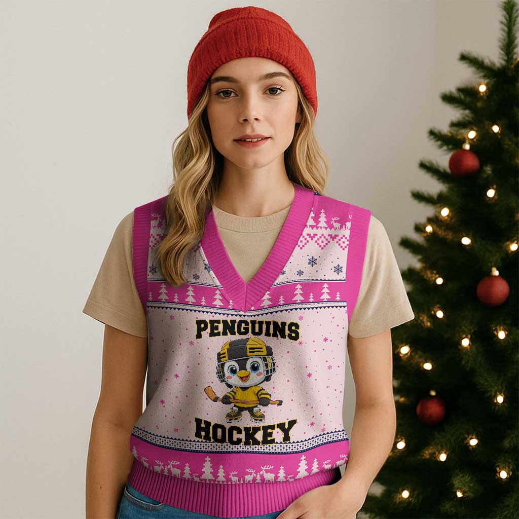Funny Penguin Playing Ice Hockey V-Neck Knit Sweater Vest Winter Sports Gift - Wonder Print Shop