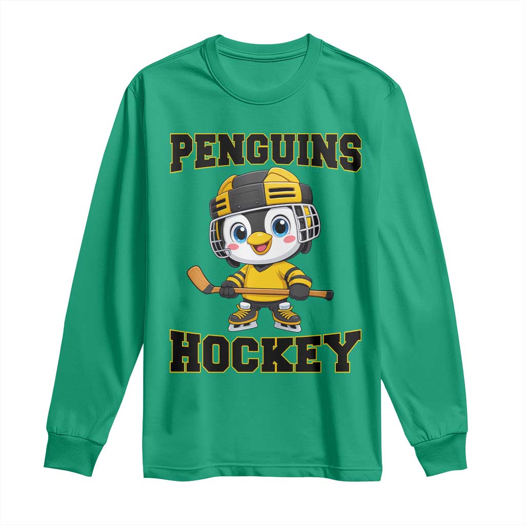 Funny Penguin Playing Ice Hockey Long Sleeve Shirt Winter Sports Gift - Wonder Print Shop