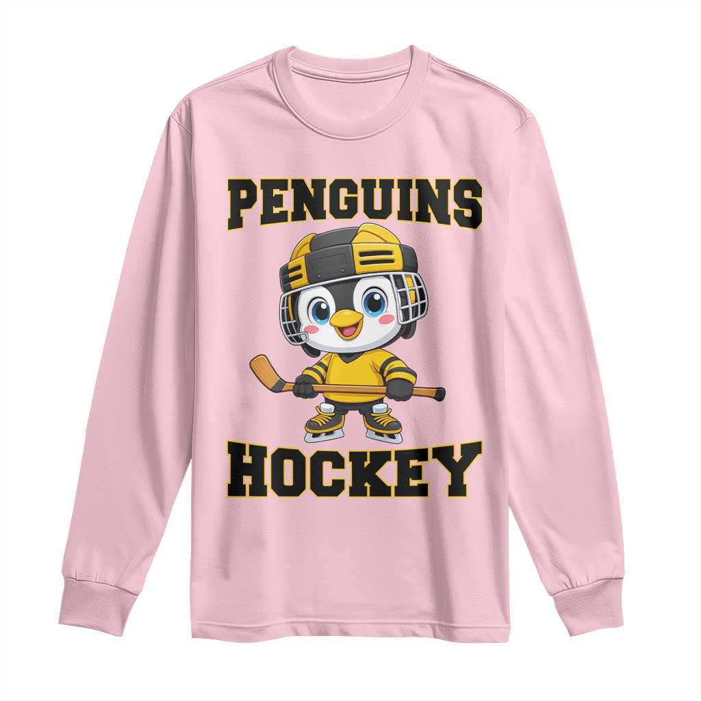 Funny Penguin Playing Ice Hockey Long Sleeve Shirt Winter Sports Gift - Wonder Print Shop