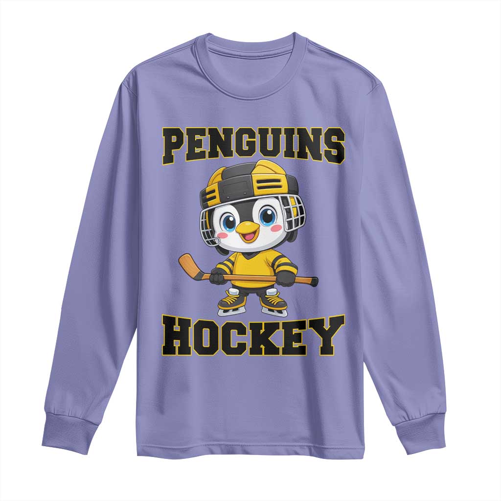 Funny Penguin Playing Ice Hockey Long Sleeve Shirt Winter Sports Gift - Wonder Print Shop
