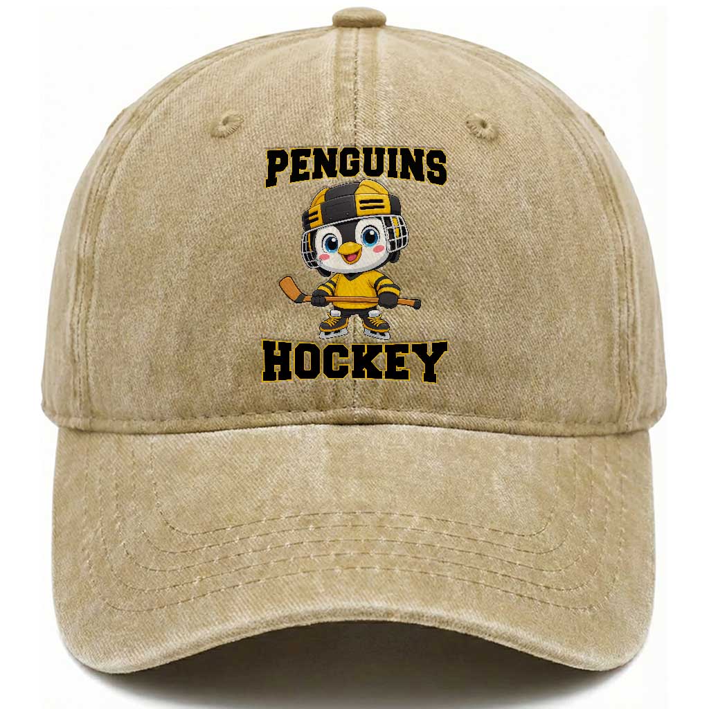 Funny Penguin Playing Ice Hockey Washed Cotton Baseball Cap Winter Sports Gift