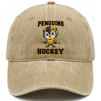 Funny Penguin Playing Ice Hockey Washed Cotton Baseball Cap Winter Sports Gift