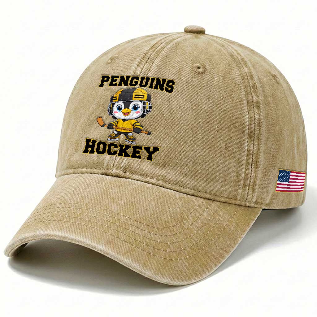 Funny Penguin Playing Ice Hockey Washed Cotton Baseball Cap Winter Sports Gift