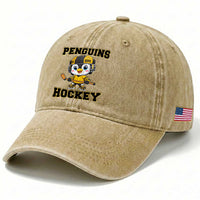 Funny Penguin Playing Ice Hockey Washed Cotton Baseball Cap Winter Sports Gift