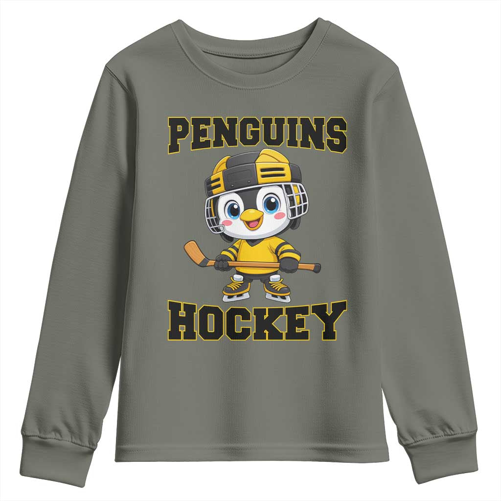 Funny Penguin Playing Ice Hockey Youth Sweatshirt Winter Sports Gift - Wonder Print Shop