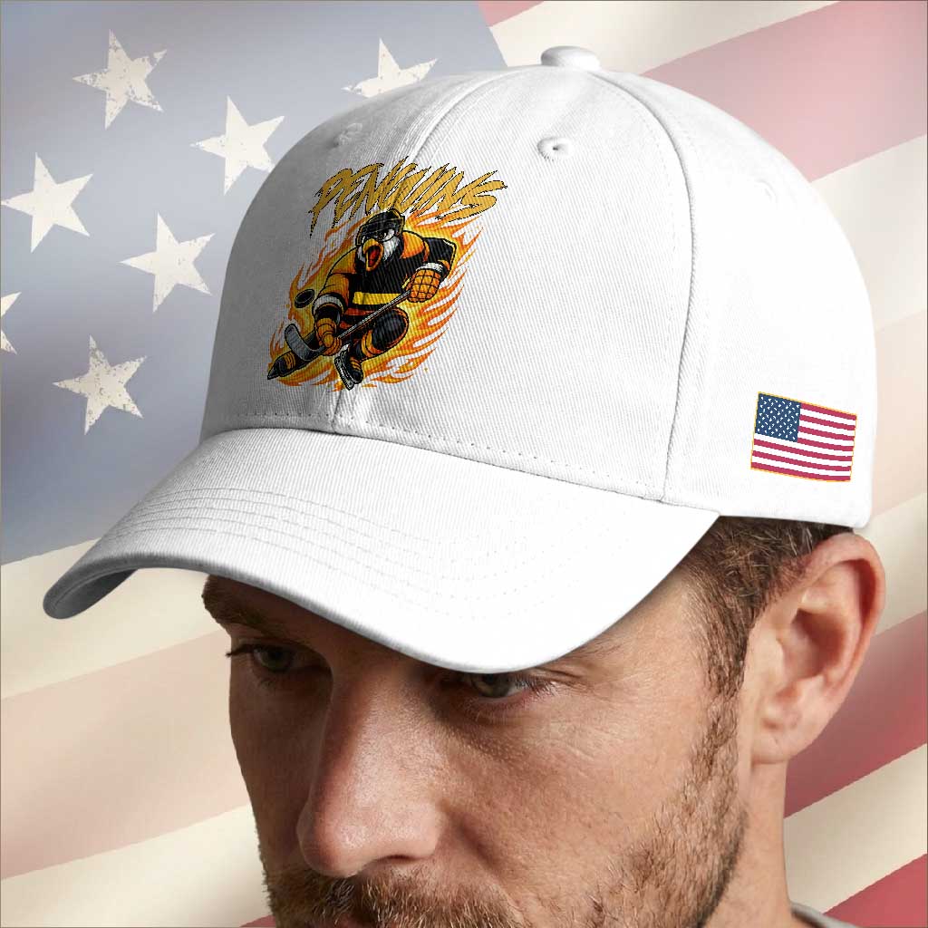 Penguin Playing Ice Hockey Baseball Cap Funny Sports Fan Gift