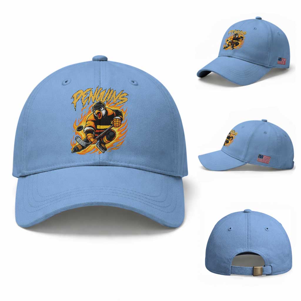 Penguin Playing Ice Hockey Baseball Cap Funny Sports Fan Gift
