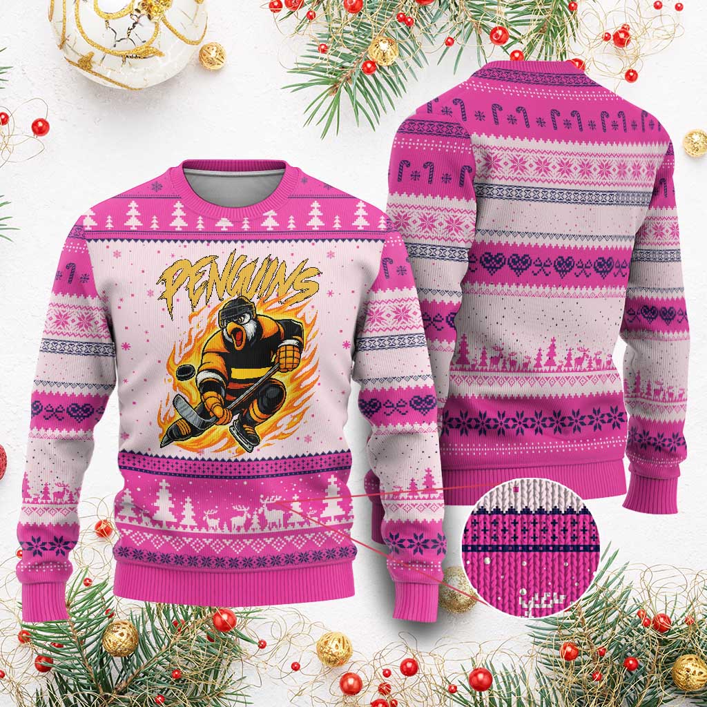 Penguin Playing Ice Hockey Ugly Christmas Sweater Funny Sports Fan Gift - Wonder Print Shop